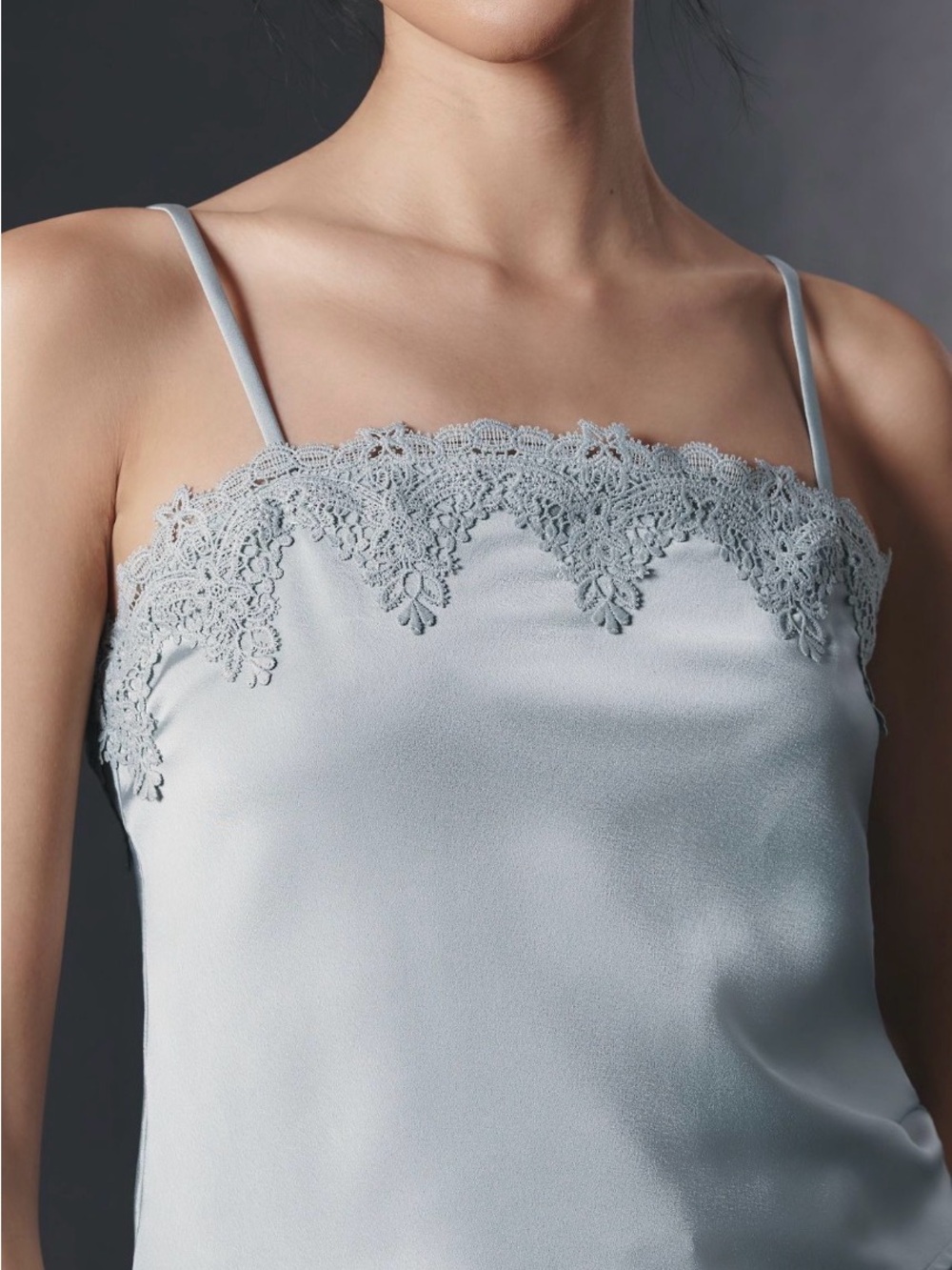 Lace-Trim Satin Cami Tank Top - Light Blue